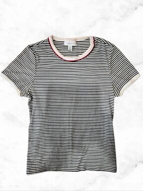 Topshop Black and White Striped Tee with Red Trim